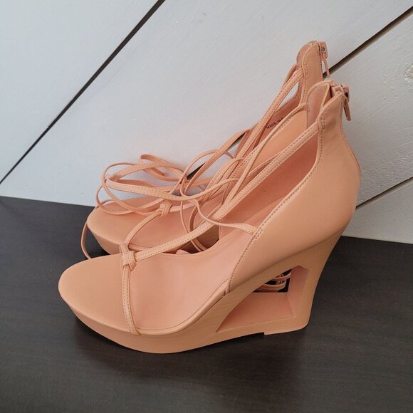 NEW AAJ By Aminah Nina Lace-Up Architectural Wedge Peach orange 9 Heel Sandals - Picture 3 of 9